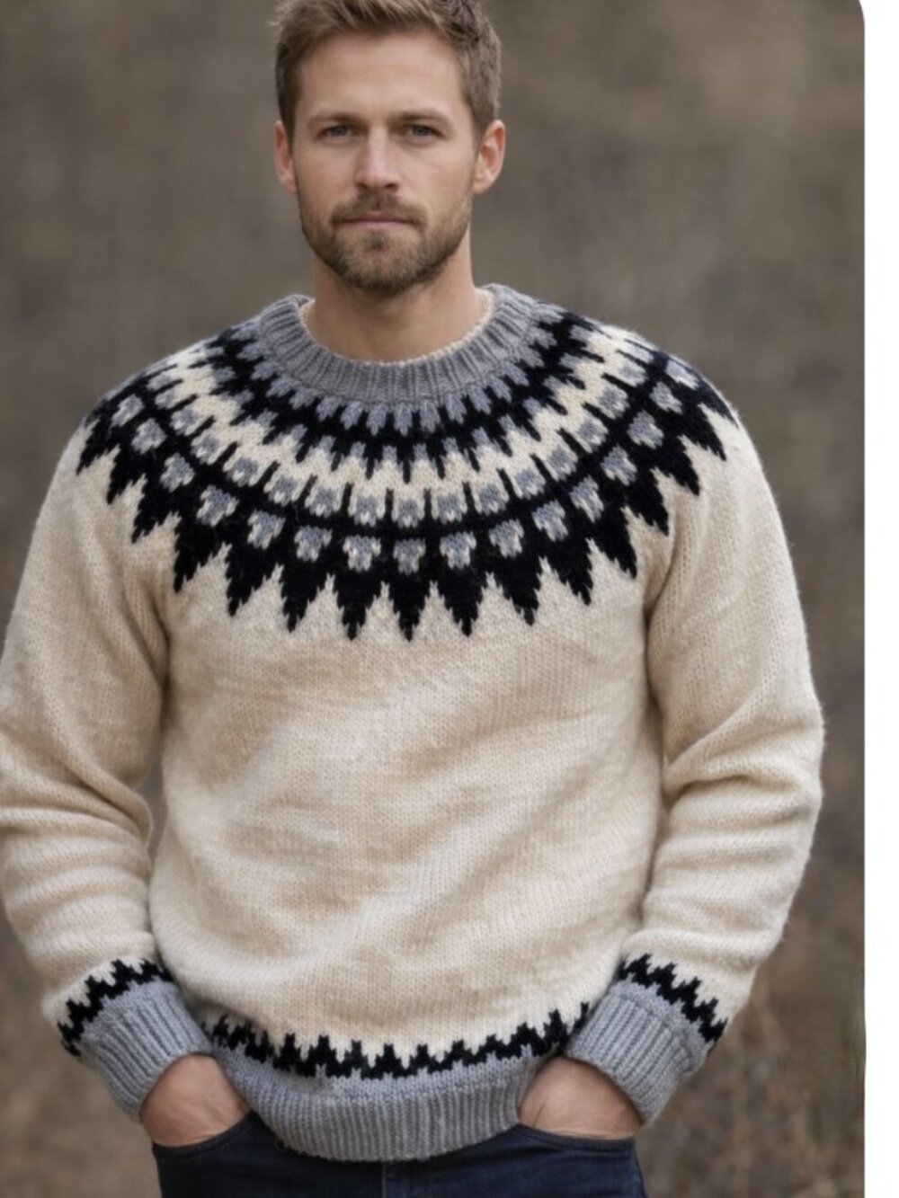 Lopi Icelandic Nordic handknit sweater white black blue vintage L  unisex